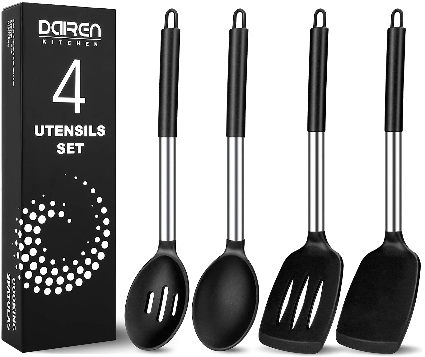 Silicone Spatulas and Spoons, 4 Pack Heat Resistant Set, Non Stick Large Kitchen Utensils for Cooking, Mixing, Serving, Draining, Black