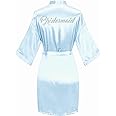 GOODSALEOK Women's Satin Robe Short Kimono for Bride & Bridesmaid with Silver Rhinestones, Wedding Party Robes