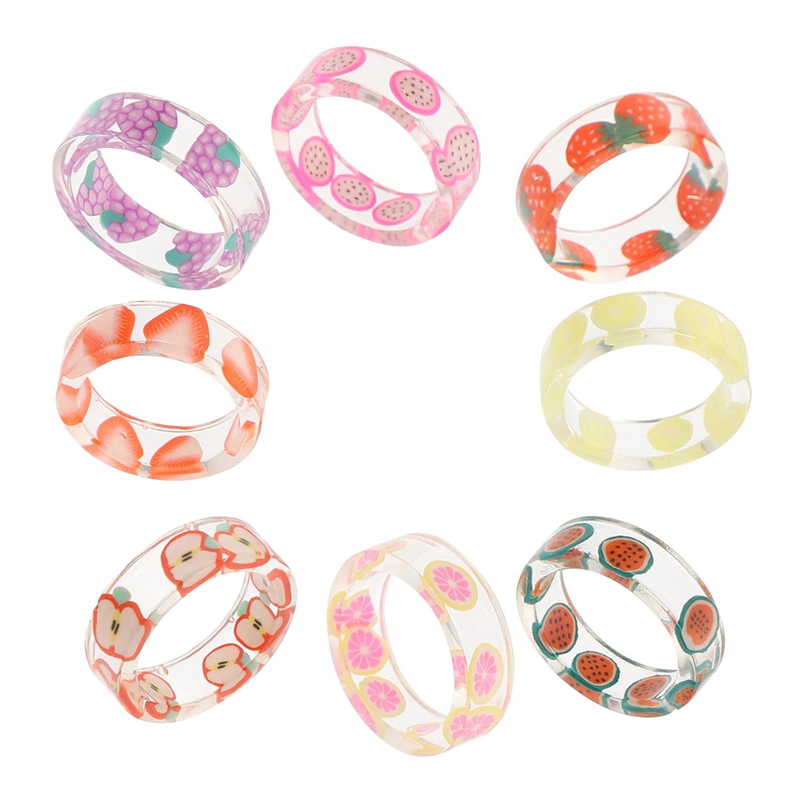 Milisten 8pcs Colorful Resin Rings Set, Acrylic Resin Fruit Rings, Retro Stackable Rings for Girls and Women Colorful Ring Jewelry