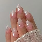IQXGE Pink Ombre Acrylic Press on Nails Short Almond Fake Nails 32Pcs | Full Cover Short Glue on Nails with Silver Glitter Designs, Reusable Artificial Stick on False Nails for Women