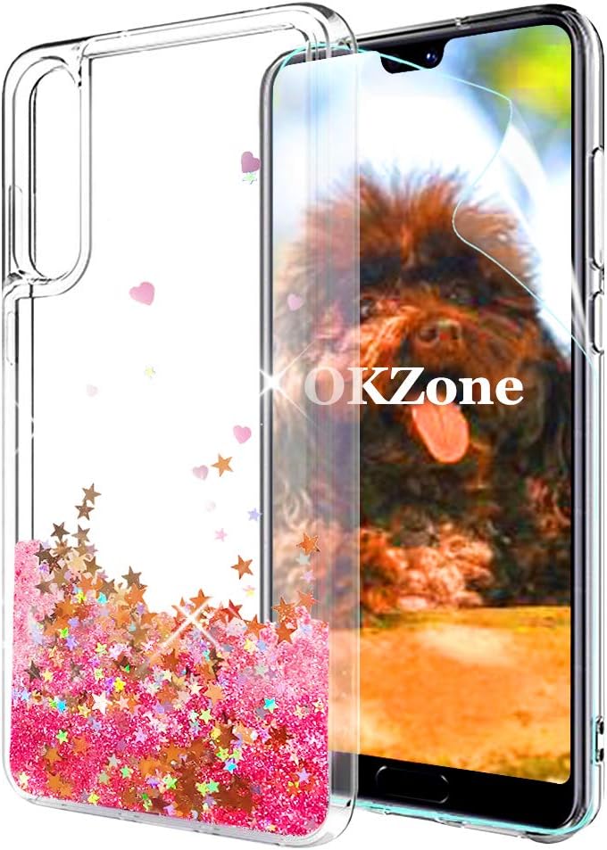 OKZone Case for Huawei P20 Pro Case Glitter [with HD Screen Protector], Flowing Liquid Sparkly Bling Quicksand 3D Shiny Sparkle Glitter Design TPU Protective Case for Huawei P20 Pro (Pink Stars)