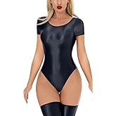 Aivtalk Women Glossy Short Sleeve Bodysuit Leotard One Piece Smooth Oil Shiny Dance Leotard