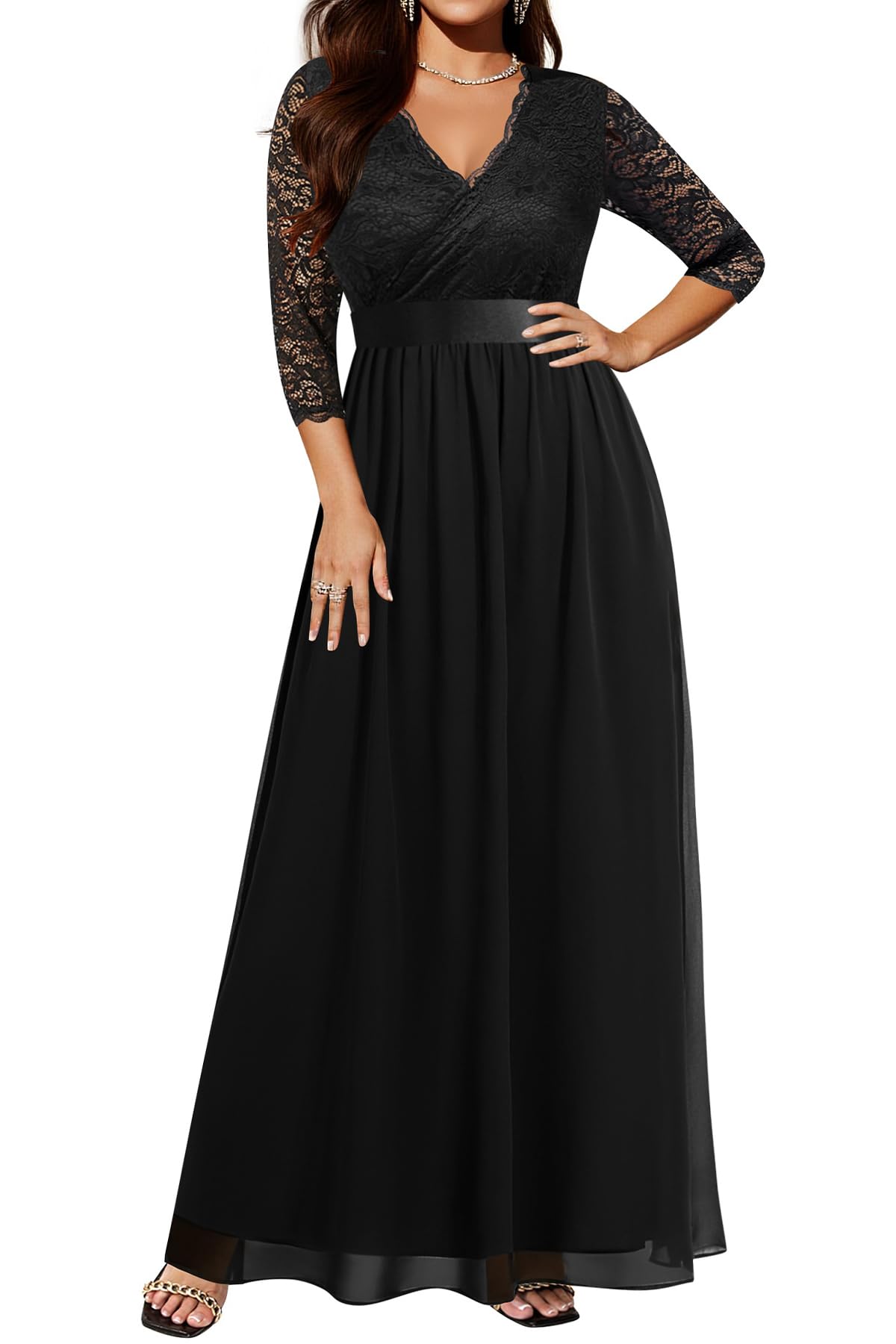 Photo 1 of Plus Size Formal Dresses Black Evening Gowns Lace Chiffon Wrap Long Wedding Guest Maxi Prom Dress with Sleeves 2025 26w