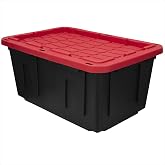 27 Gallon Large Storage Bin with Snap Lid, Black and Red, Heavy Duty Plastic Storage Container