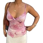 Women Y2k Floral Cami Tank Top Spaghetti Strap V Neck Sheer Tops
