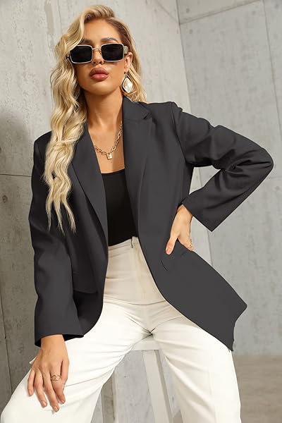 WOMENS WORK CASUAL OVERSIZED BLAZERS LONG SLEEVE OPEN FRONT OFFICE BUSINESS JACKETS DARK GREY