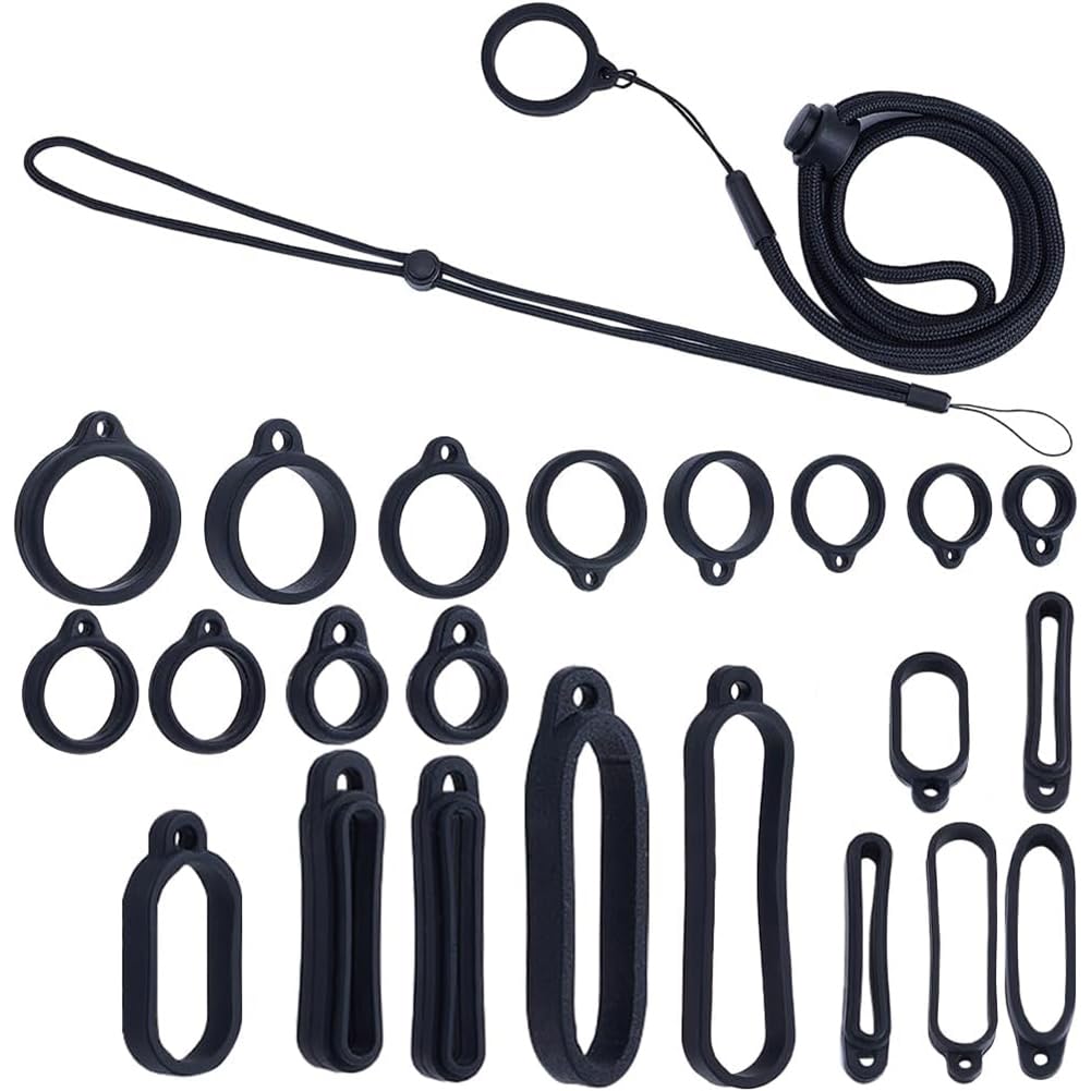 CRASPIRE 11 Size Anti-Lost Lanyard Set with 22pcs Silicone Rubber Rings 1pc Lanyards Strap Pendant Necklace Adjustable Fixing Rings Pen Soft Protective Ring Replacement Case Multipurpose for Keychain