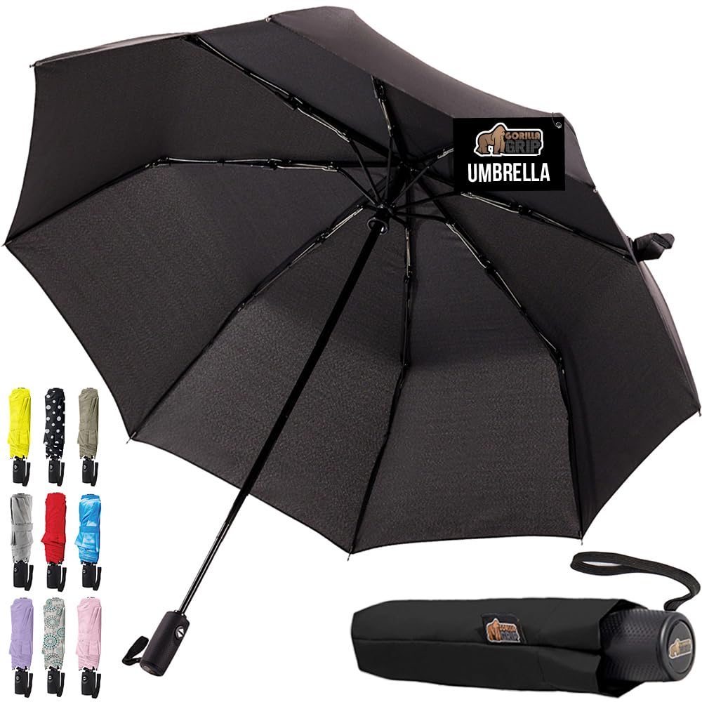 GORILLA GRIP Compact Stick Umbrella for Rain, Travel One-Click Automatic Open Close, Lightweight, Portable, US Designed Reinforced Fiberglass Ribs, Wind Resistant Easy Collapse, Black