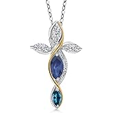 Cross Necklace For Women In 925 Silver and 10K Yellow Gold with Sapphire and Lab Grown Diamond and London Blue Topaz | 1.43 Cttw | Jesus Christian Religious Crucifix | Marquise 8X4MM | 18 Inch Chain