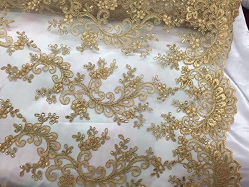 Mesh Lace Fabric Embroidery Cotton Lace TrimGold French Corded Design-embroider With Sequins DIY Craft By the Yard