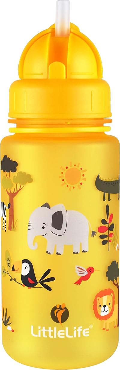 LittleLife 400ml Water Bottle Yellow Safari with Easy-Access Lid and Straw
