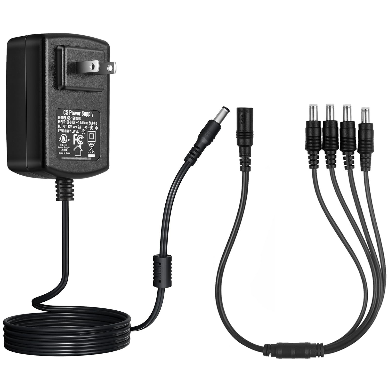 Photo 1 of [UL Listed FCC] AC 100-240V to DC 12V 2A Power Supply Adapter 5.5mm x 2.1mm Switching +4 Split/ 4-Way Power Cable for CCTV Security Camera DVR NVR Led Strip