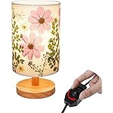 Floresita Dried Flowers Small Table Lamp 9W LED Dimmable Warm Light Pressed Flower Bedside Lamp Linen Shade with Wood Base for Bedroom Living Room Desk Nursery