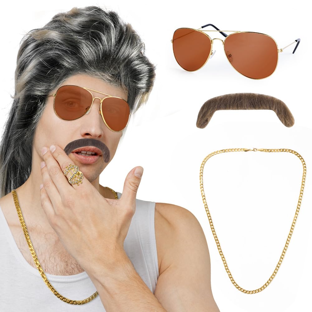 Aomig Men's Wigs - 5pcs Disco & 80s Wigs Set with Glasses, Beard Ring & Necklace Accessories for Men's Fancy Dress, Halloween, Carnival — image 1