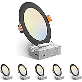 Amico 6 Pack 6 Inch 5CCT Ultra-Thin LED Recessed Ceiling Light with Junction Box, 2700K/3000K/3500K/4000K/5000K Selectable, 12W Eqv 110W, Dimmable Canless Downlight, 1050LM High Brightness,Black