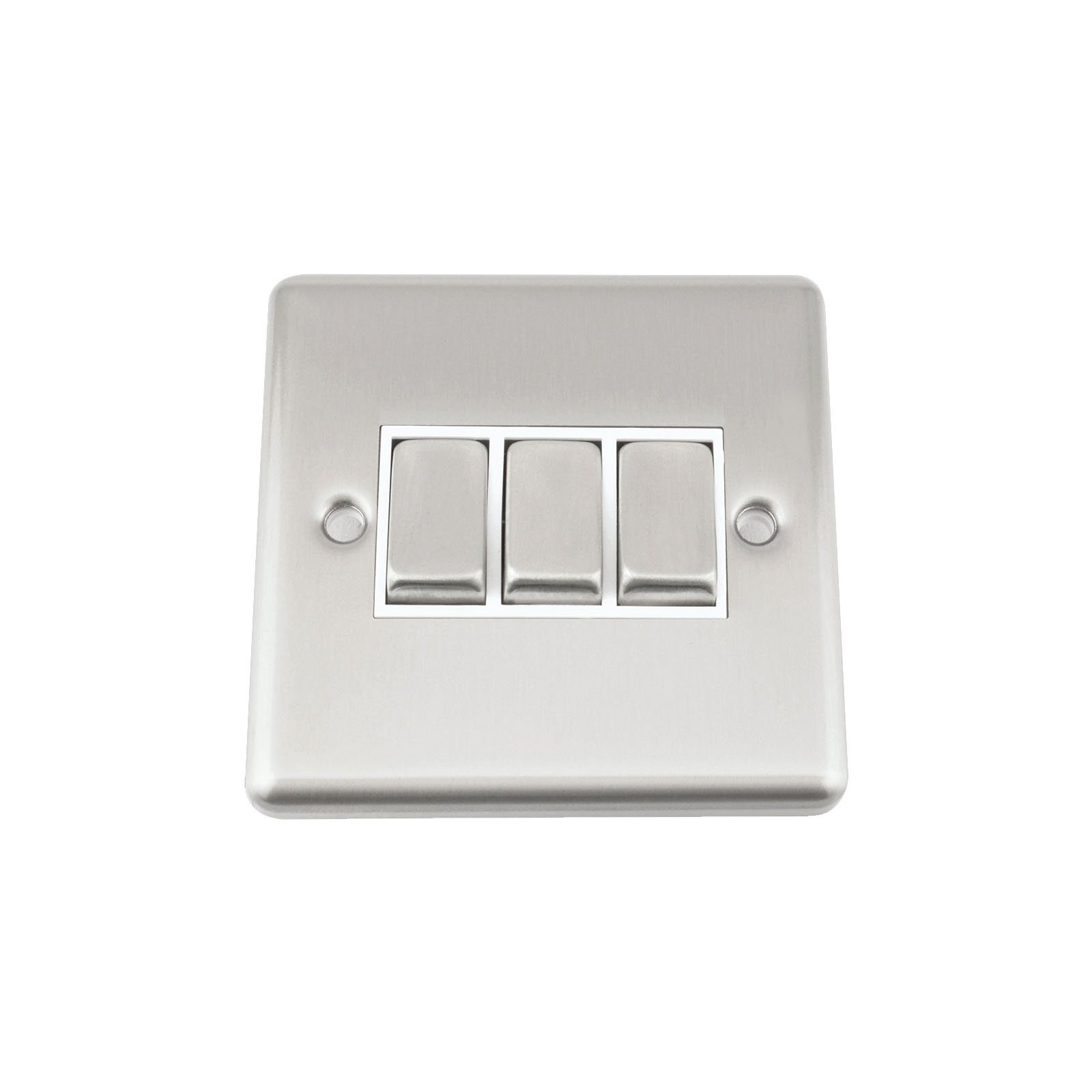 A5 Light Switch - Triple 3 Gang 2 Way - Satin Brushed Chrome - Classic Style White Insert Metal Rocker Switch