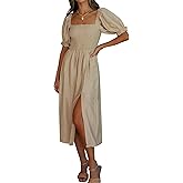 R.Vivimos Summer Dress for Women Cotton Plaid Puff Sleeves Casual Off-Shoulder Boho Side Slit Midi Dress