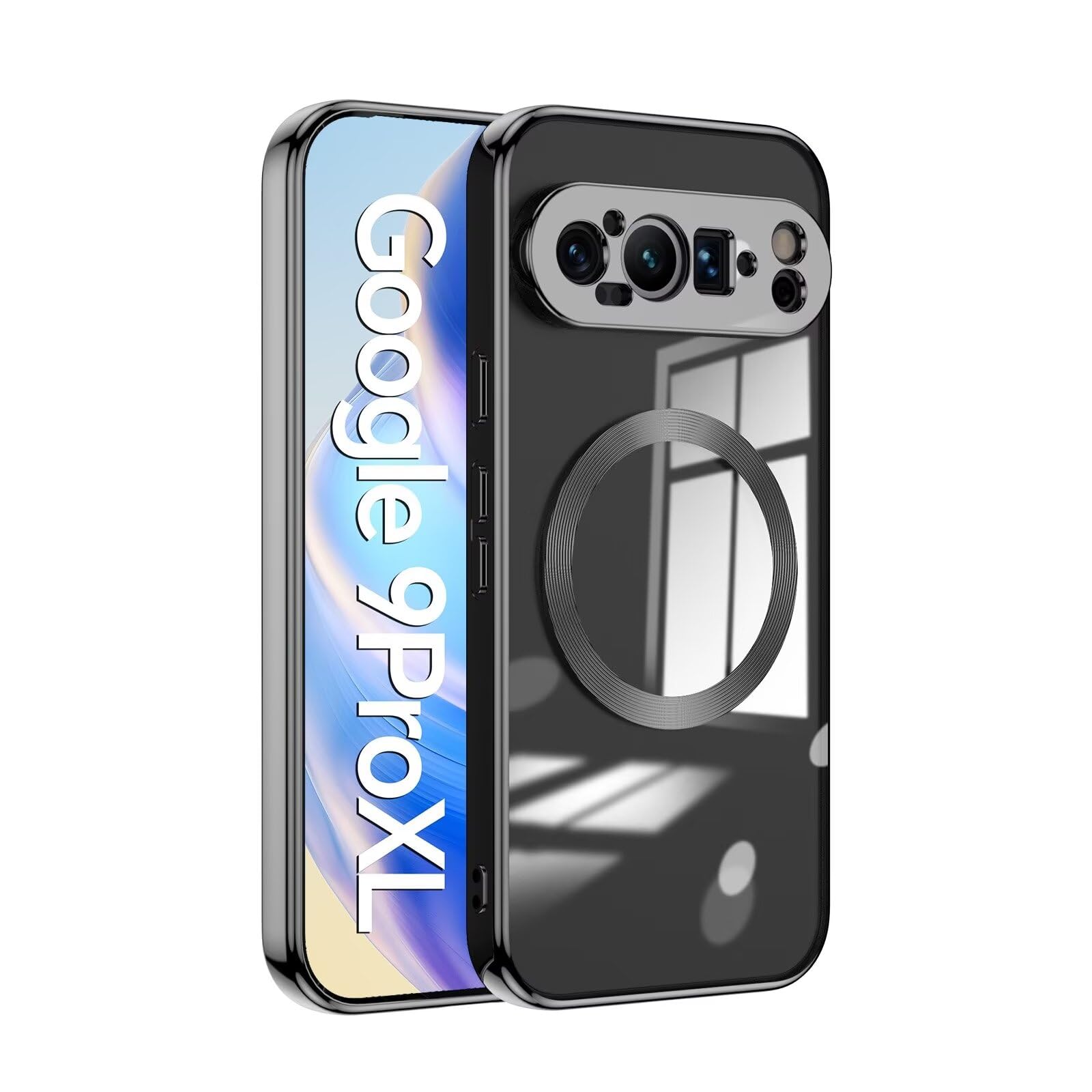 ESONG Magnetic Clear for Google Pixel 9 Pro XL Silicone Protection Case with MagSafe, Wireless Charging, Bulid in Camera Cover, Shockproof Phone Cover,Non-Yellowing/Anti-Fingerprint-Black