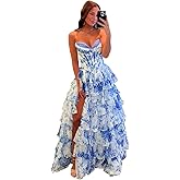 UZN Floral Print Tiered Prom Dresses 2026 with Slit Long Strapless Corset Formal Evening Party Gowns