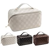BIVIZKU Large Capacity Brown Checkered Makeup Bags Portable Travel Cosmetic Bags Open-Flat Toiletry Bag for Women Girls Make Up Organizer with Divider Pouch Zipper Bag (white-checkered)