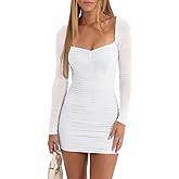 Memoriesea Women's Sexy Mesh Square Neck Long Sleeve Ruched Bodycon Party Club Mini Dress