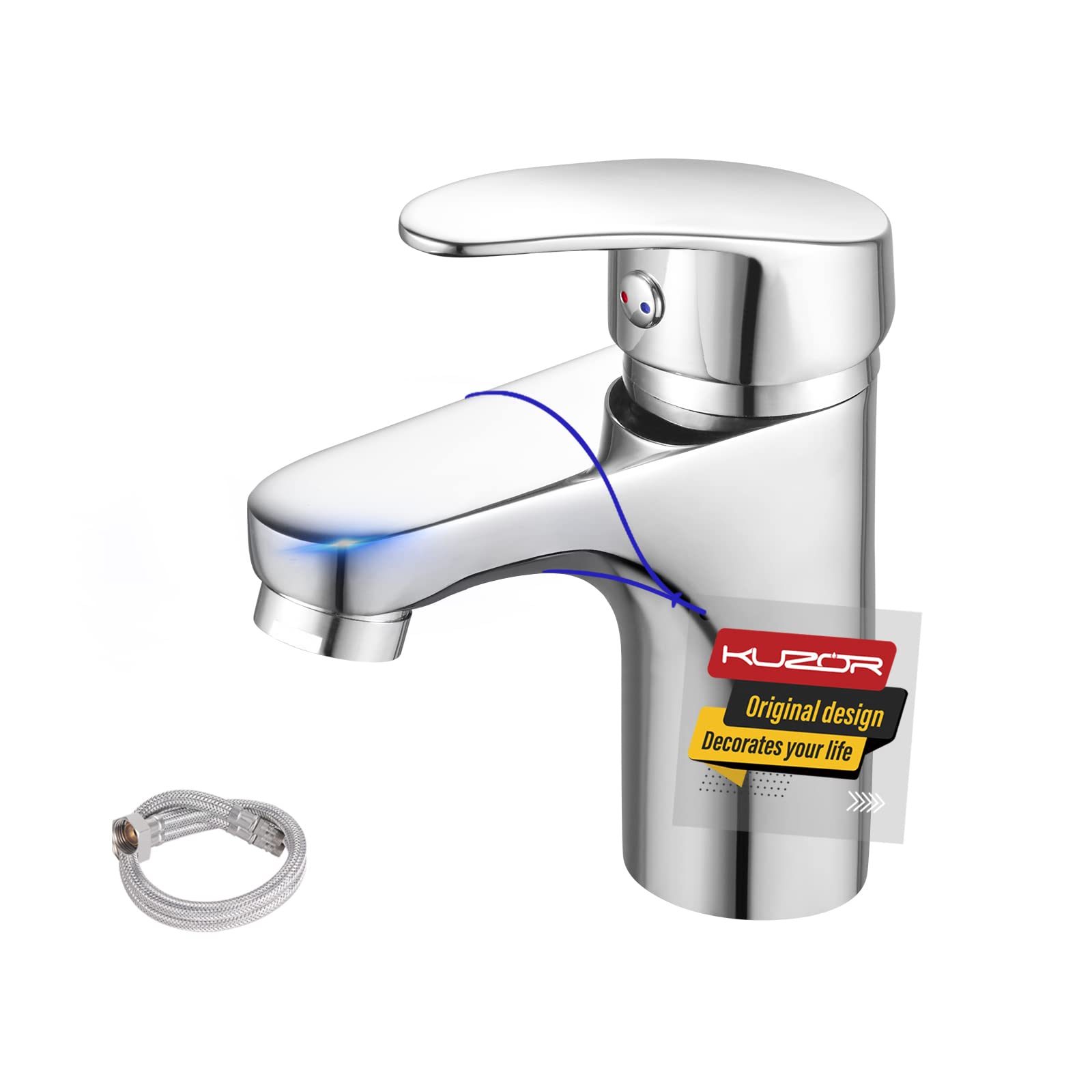 KUZOR 1PC Brass Mixer Tap with G1/2 UK Standard Water Hoses - Modern 5-Minute Installation Single Lever Sink Faucet for Bathroom/Basin/RV/Vanity - Height 5.12in, Weight 1.22lbs - Chrome
