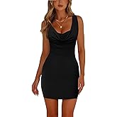HYPERFIRE Women's Draped Cowl Neck Mini Dress Ruched Front Short Bodycon Party Dresses Going Out