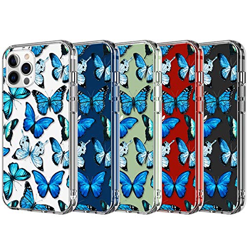 Luhouri For Iphone 12 Pro Max Case With Screen Protector Blue Butterflies Floral Flower Designs On Clear Bumper Cover For Women Girls Slim Fit Protective Phone Case For Iphone 12 Pro Max 6 7