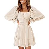 EXLURA Women's 2026 Casual Long Lantern Sleeve Dresses Square Neck Ruffle Tie Back Elastic Waist Aline Short Mini Dress