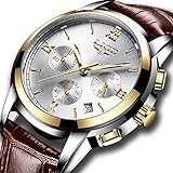Mens Business Quartz Watches with Brown Leather Strap Analog Waterproof Casual Classic Dress Wristwatch