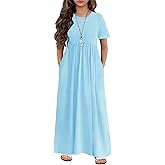 Arshiner Girls Maxi Dress Long/Short Sleeve Casual Holiday Dress with Pockets for 5-13 Years