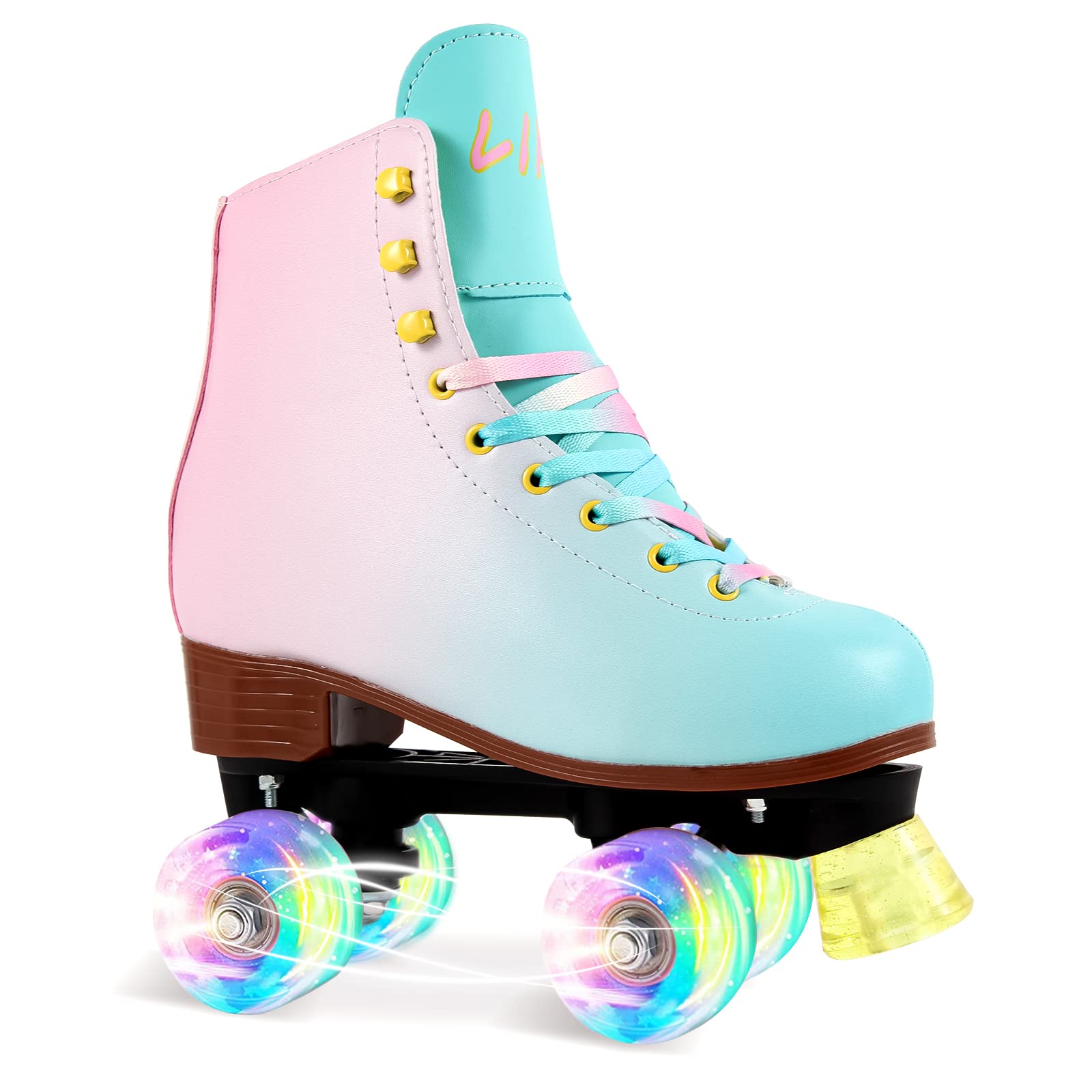 Photo 1 of ***SOME CREASING ON SIDE OF SKATES***LIKU Quad Roller Skates for Girl and Women with All Wheel Light Up,Indoor/Outdoor Lace-Up Fun Illuminating Roller Skate for Kid (Pink&Blue, 7-8)***SOME CREASING ON SIDE OF SKATES***