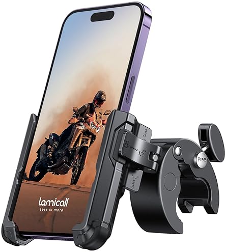 Motorcycle & ATV - Lamicall Motorcycle Phone Mount Holder - [Camera Friendly] [1s Lock] Bike Phone Holder Handlebar Clamp, Bicycle Scooter Phone Clip, for iPhone Air, 17, 16, 15 Pro Max, Galaxy S25 Ultra, 4.7-7