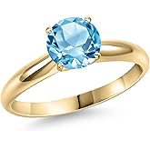 Gem Stone King 14K Yellow Gold Swiss Blue Topaz Engagement Ring For Women | 2.25 Cttw | Round 8MM | Gemstone November Birthstone
