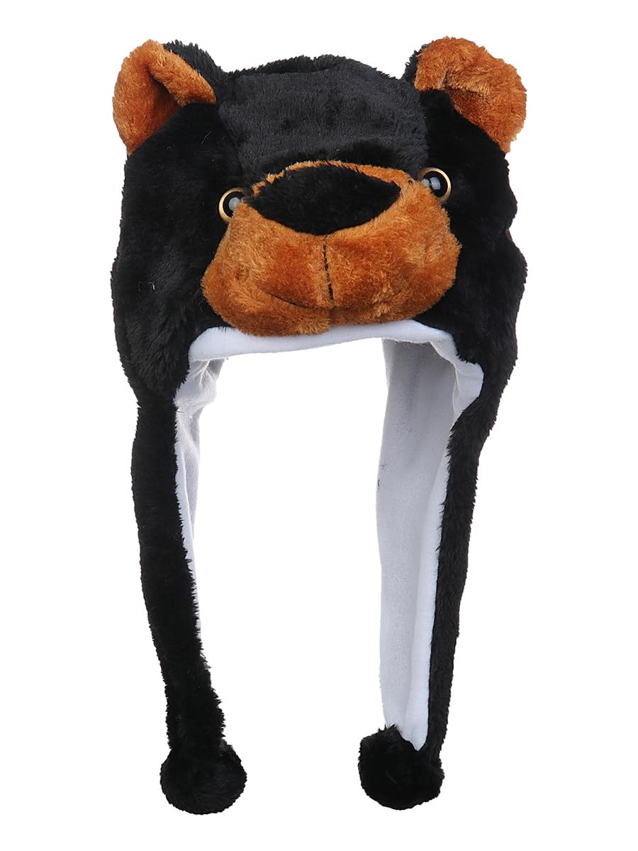VPbao Plush Headgear Hat, 2-in-1 Hat with Ear Flaps Scarf Set, Funny Cartoon Animal Cap for Costume Party - Comfortable Soft Warm Novelty Unisex Headwear Props Black Bear