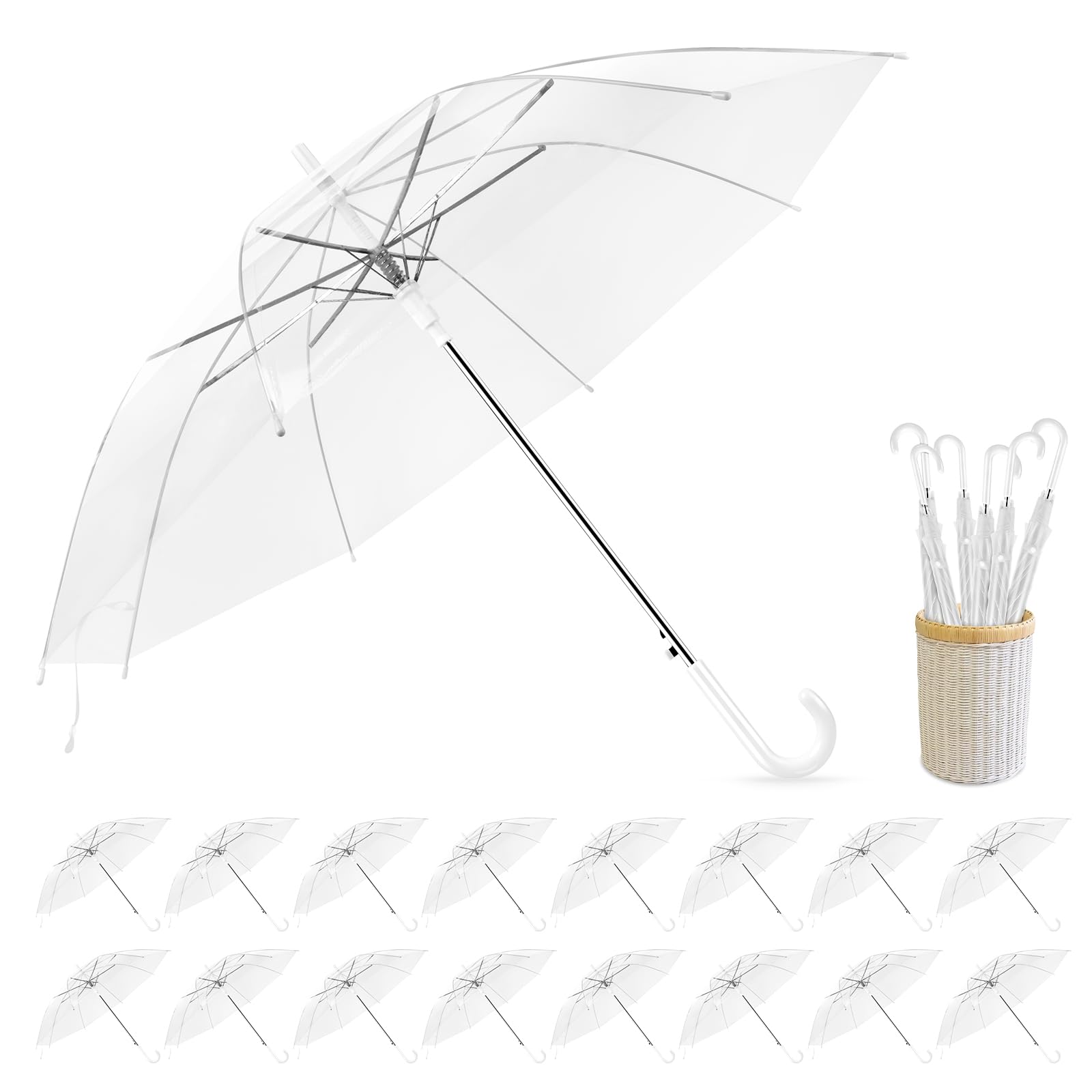 Photo 1 of 16-Pack Clear Wedding Umbrellas Bulk, Windproof Large Bridal Rain Umbrellas with Automatic Open for Guests, Durable Fiberglass Frame for Wedding Photography, Prom, Graduation, and Outdoor Events