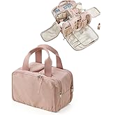 EACHY Travel Makeup Bag with Handle, Large Capacity Makeup Organizer, Waterproof Cosmetic Bag for Women, Wide-Open Design, Portable Toiletry Case for Travel, Accessories, and Essentials (Pink)