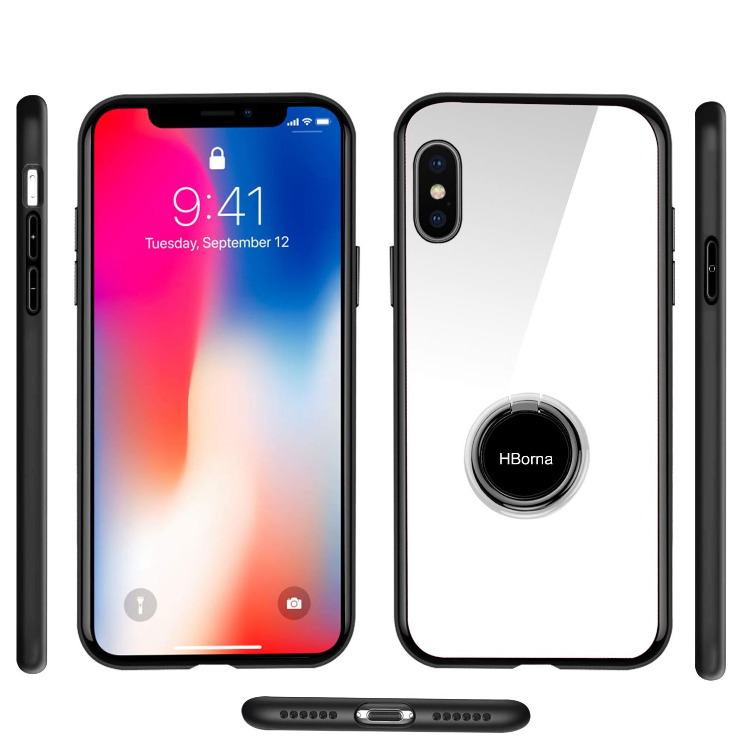 Cover iPhone X, Caso iPhone X con cover posteriore in vetro temperato Protezione Anti-Graffio con supporto per anello, Custodia protettiva per smartphone con telaio antiurto in TPU per Apple iPhone 10 (Bianco)