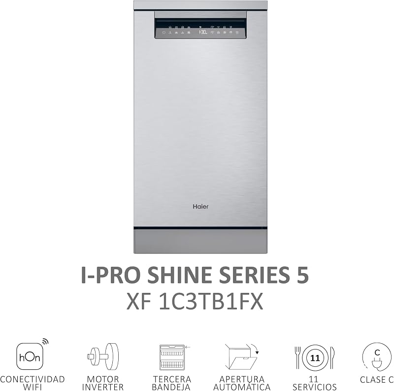 I-Pro Shine Series 5 XF1C3TB1FX, Lavavajillas Independiente 45CM, Motor Inverter, 11 Cubiertos, 3 Bandejas, 8 Ciclos, Wi-Fi, App hOn, Filtro Antibacterias, Apertura Automática, 43DB, Inox