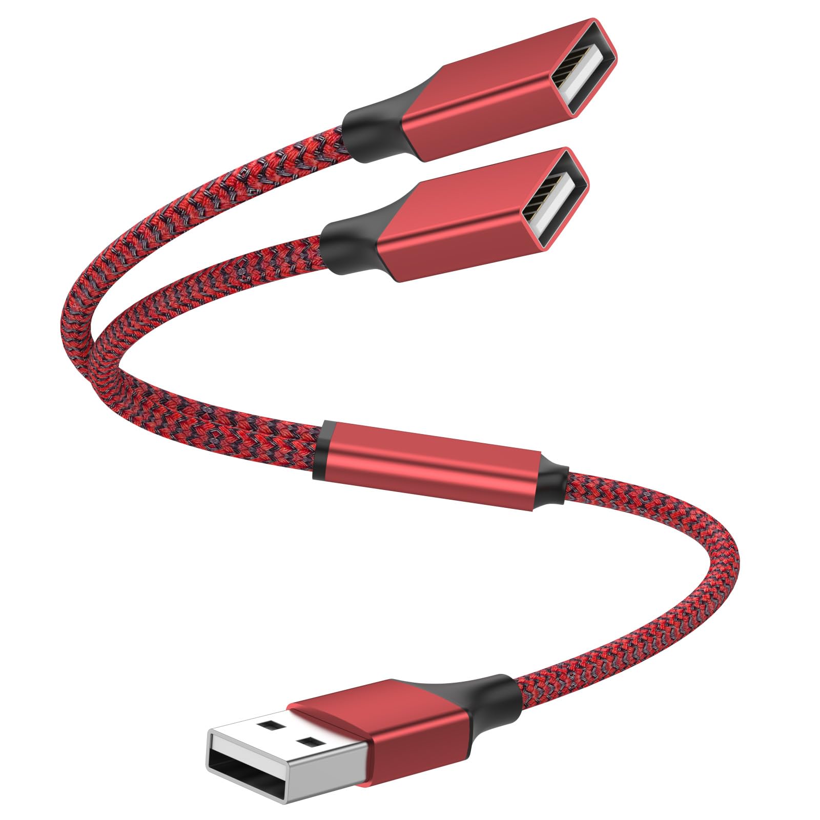Photo 1 of POHFP USB Splitter 1 in 2 Out Y Cable, 1Ft/ 30cm USB Male to Two Female Extension Cord for PC/MacBook/Keyboard/ PS4/ PS5/ Flash Drive/Laptop/LED Etc. (Red)