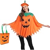 OCTEEN 3PCS Adults Pumpkin Costume For Women - Halloween Poncho With Pumpkin Beret And Candy Bag