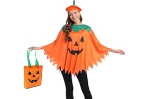 OCTEEN 3PCS Adults Pumpkin Costume For Women - Halloween Poncho With Pumpkin Beret And Candy Bag