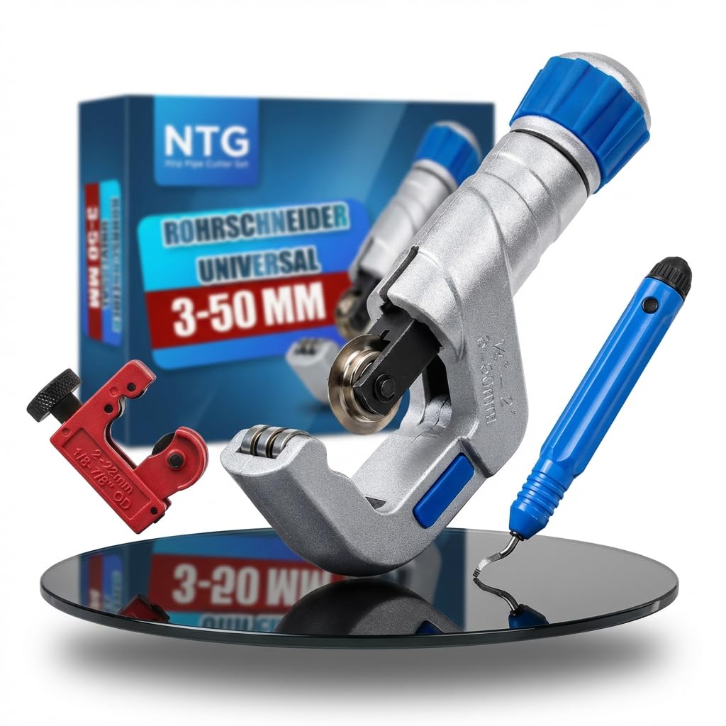 NTG Pipe Cutter Set (3-50 mm) with Large and Small Pipe Cutter and Deburrer - Versatile for Stainless Steel, Copper, Aluminium, Steel or Plastic - Includes Deburring -
