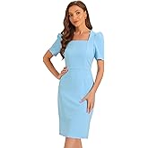 Allegra K Square Neck Dress for Women's Puff Sleeve Rear Slit Above Knee Business Casual Pencil Dress