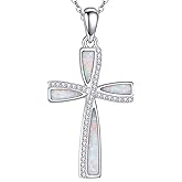 URONE Opal Cross Necklace for Women 925 Sterling Silver White Opal Pendant Christian Jewelry Gifts