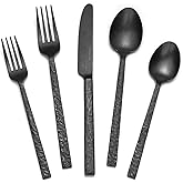 KINGSTONE 40 Pcs Black Hammered Silverware Set for 8, 18/10 Stainless Steel Heavy Duty Flatware Set, Tableware Cutlery Utensil Sets for Home Restaurant Dishwasher Safe