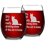 Set of 2 Cat Wine Glasses, It's Not Really Drinking Alone If The Cat is Home Funny Stemless Wine Glass - Funny Gifts for Wome