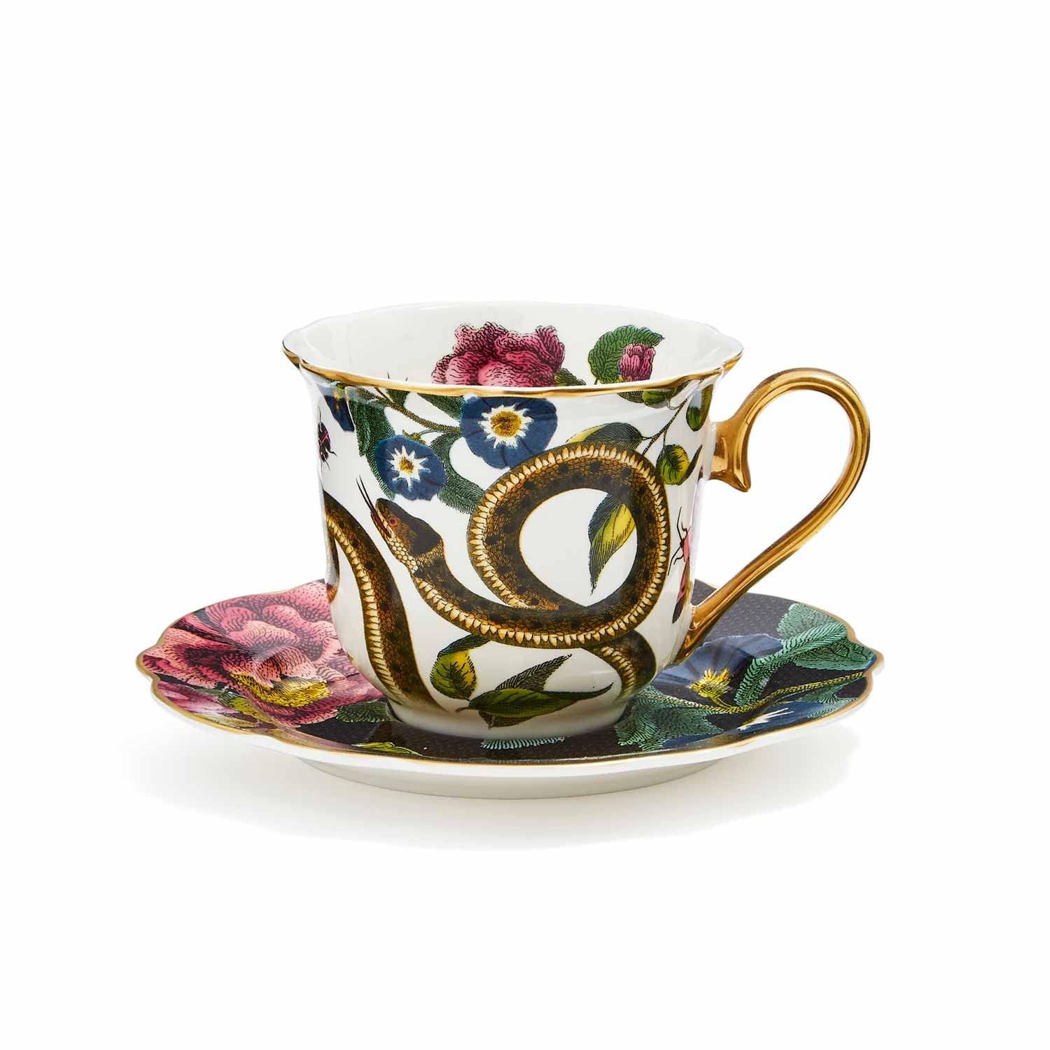 Spode x Creatures of Curiosity Tea Cup and Saucer Set - Fine China with 22-Carat Gold Detailing, Fluted Black Snake with Floral Design, Comes with Gift Box