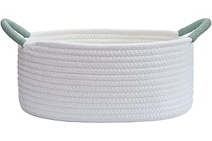 Yimi's Dream Gift Baskets Empty, Small Organizer Baskets for Shelves, Decorative White Baskets with Green Handles for Storage, Presents, Christmas, Birthday, Families(Oval, 12"x 8"x 5")