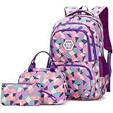 Bansusu 3Pcs Geometric Prints Primary School Student Satchel Shoulder Schoolbag for Middle School Girls Boys Backpack with Lu